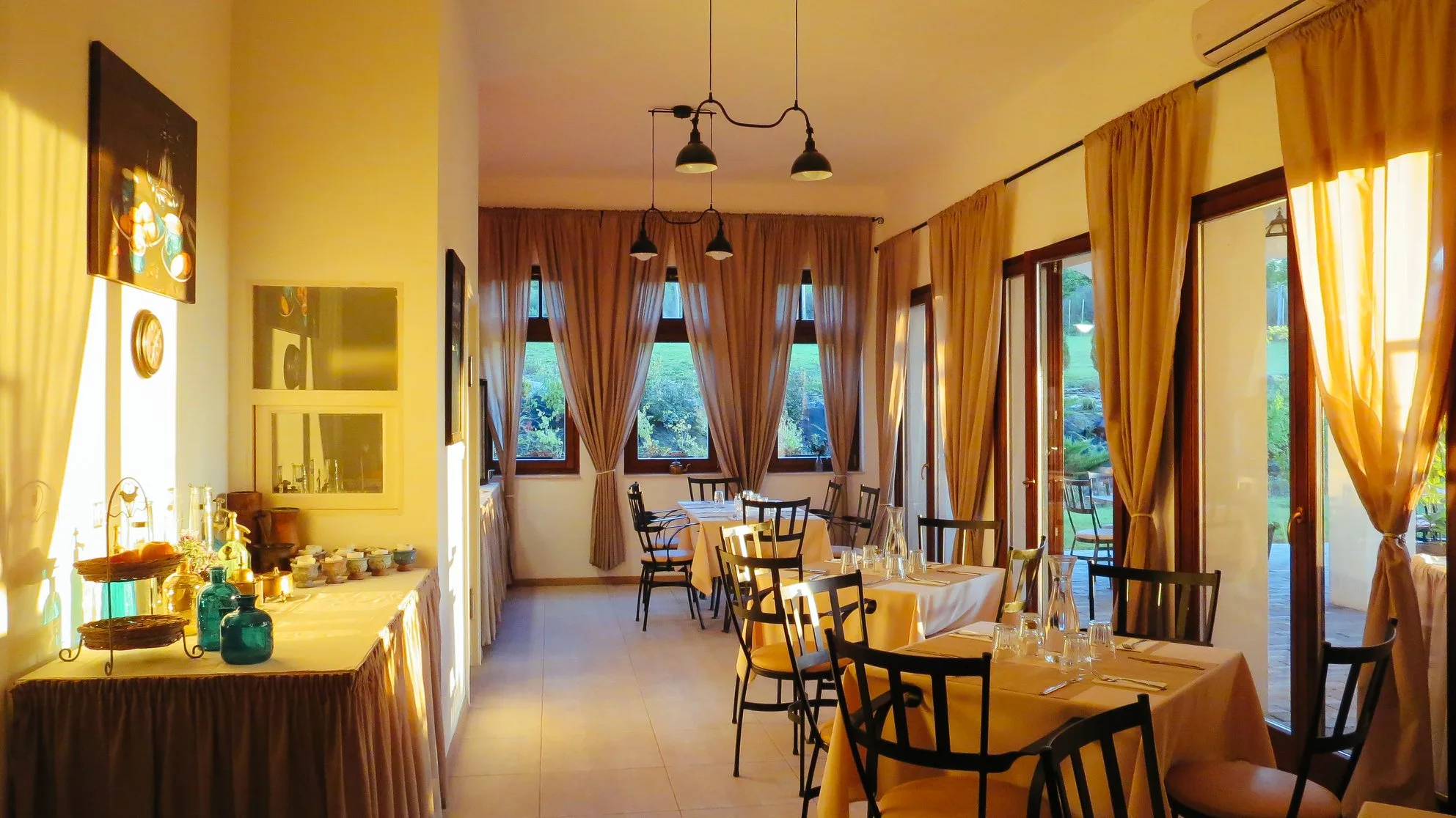 Restaurant dining room in golden evening light